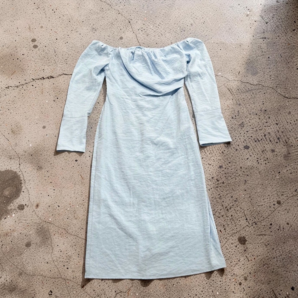 Future Collective Reese Blutstein Light Blue Off Shoulder Midi Dress Size 8 NWT